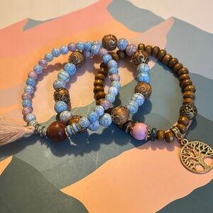 Bohemian Beaded Bracelet Set with Tree Charm- set of three, with wooden beads